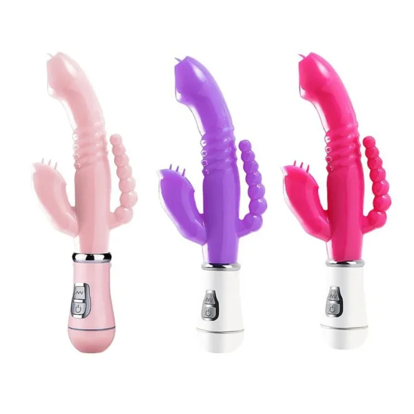 VIBRADOR COM ESTIMULADOR CLITORIANO E PLUG ANAL  12 MODOS PILHA (NÃO INCLUSA)