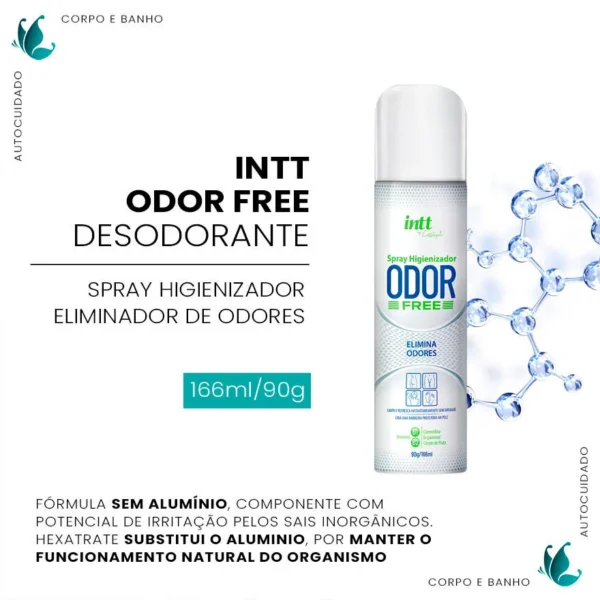 DESODORANTE SPRAY HIGIENIZADOR ELIMINADOR DE ODORES INTT ODOR FREE 166ML - Imagem 2
