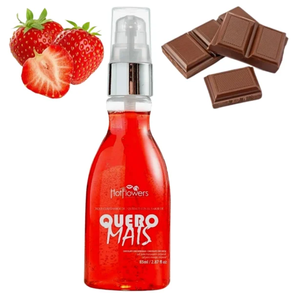 GEL BEIJÁVEL PARA SEXO ORAL E MASSAGEM HOT FLOWERS QUERO MAIS MORANGO COM CHOCOLATE 85ML - Imagem 2