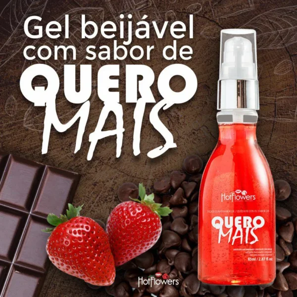GEL BEIJÁVEL PARA SEXO ORAL E MASSAGEM HOT FLOWERS QUERO MAIS MORANGO COM CHOCOLATE 85ML - Imagem 3