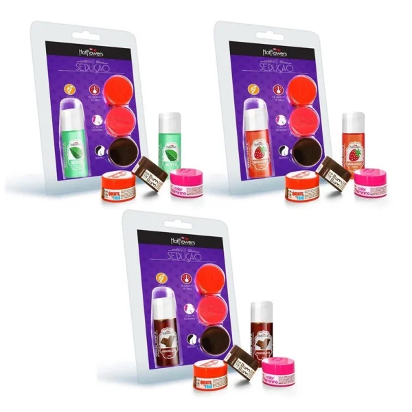 KIT SEDUÇÃO HOT FLOWERS GEL AROMATIZANTE 3 SABORES + 3 CREMES