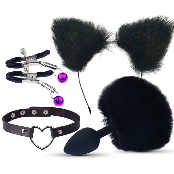 KIT - RABO DE COELHO COM TIARA DE ORELHAS - GRAMPOS PARA OS SEIOS EM METAL E GARGANTILHA - SI7341