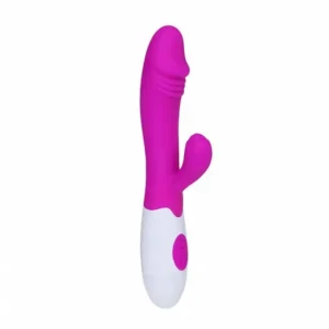 VIBRADOR SILICONE COM PONTA EM FORMATO DE GLANDE E ESTIMULADOR CLITORIANO 10 VELOCIDADES À PILHA PL180308