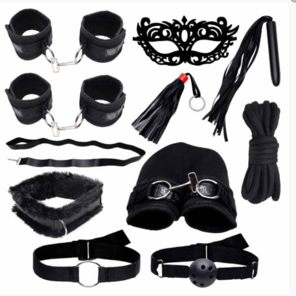 KIT BDSM SADO ALGEMAS CHICOTE MORDAÇAS MÁSCARA COLEIRA TORNEZELEIRA E CORDAS YAFFA YSZE627