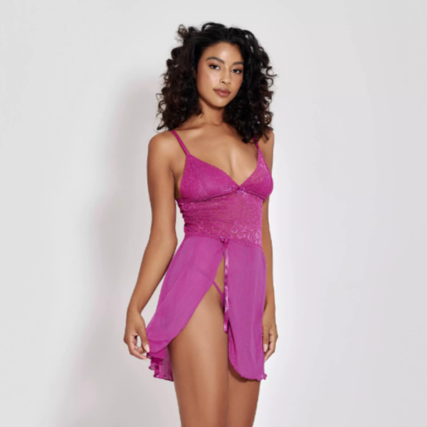 CAMISOLA ANDREZA SEM BOJO EM TULE E RENDA COM FENDA FRONTAL COM CALCINHA P M G GG 5 CORES MIMAR 425-1008 - Imagem 7