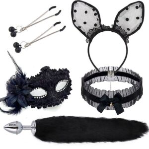 KIT COM PLUG RABO DE RAPOSA TIARA DE ORELHAS MÁSCARA GRAMPOS DE MAMILOS E GARGANTILHA SI7342 PRETO