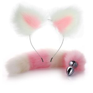 KIT PLUG ANAL COM RABO DE RAPOSA E TIARA DE ORELHAS BRANCO/ROSA SI7047