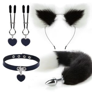 KIT PLUG ANAL COM RABO DE COELHO GARGANTILHA GRAMPOS PARA  SEIOS E TIARA DE ORELHAS PRETO SI7344