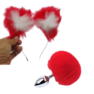 KIT TIARA ORELHA DE RAPOSA E PLUG ANAL P COM RABO DE COELHO VERMELHO