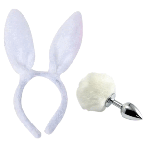KIT TIARA ORELHA DE COELHOE PLUG ANAL M COM RABO DE COELHO BRANCO