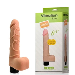 VIBRADOR PÊNIS REALÍSTICO COM ESCROTO VIBRATION LURE 8,5" 20,7X3,5 CM 18 PENETRÁVEL PILHA 2XAA